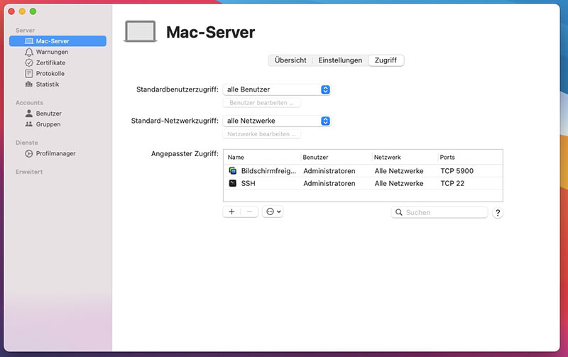 Apple OSX Big Sur - Server - Einstellungen