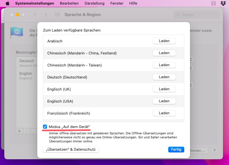 Apple OS 12 Monterey - Live-Text Übersetzungen - Sprachen laden